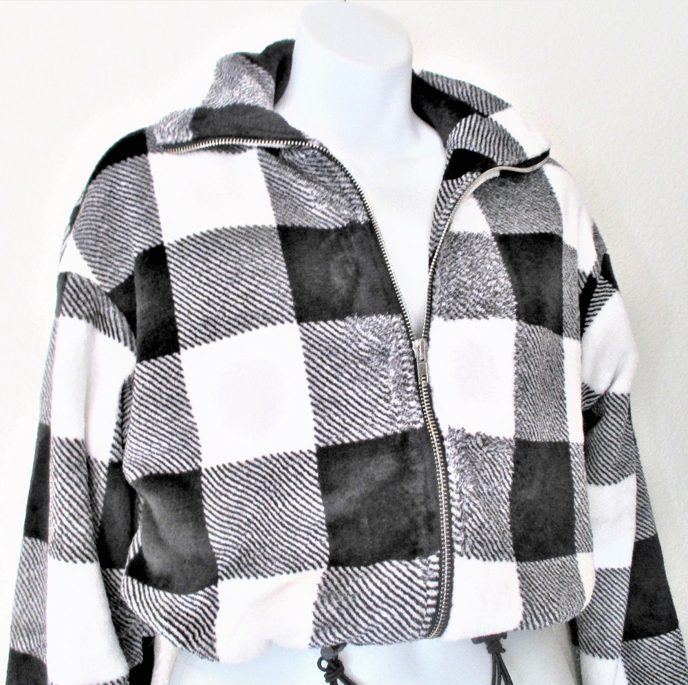 Crop Buffalo Plaid Fur Bomber Jacket
